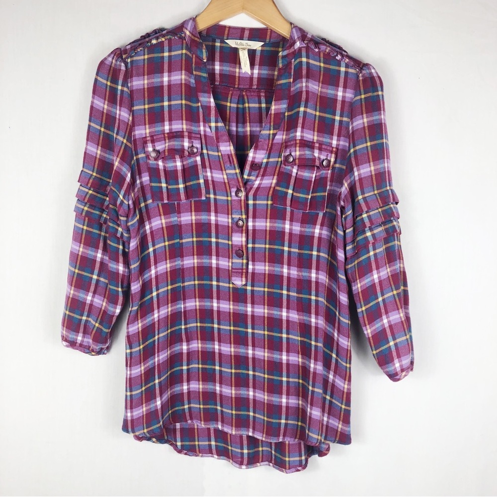 Matilda Jane All Day Millie Plaid Half Button Blouse | Purple | Size Small